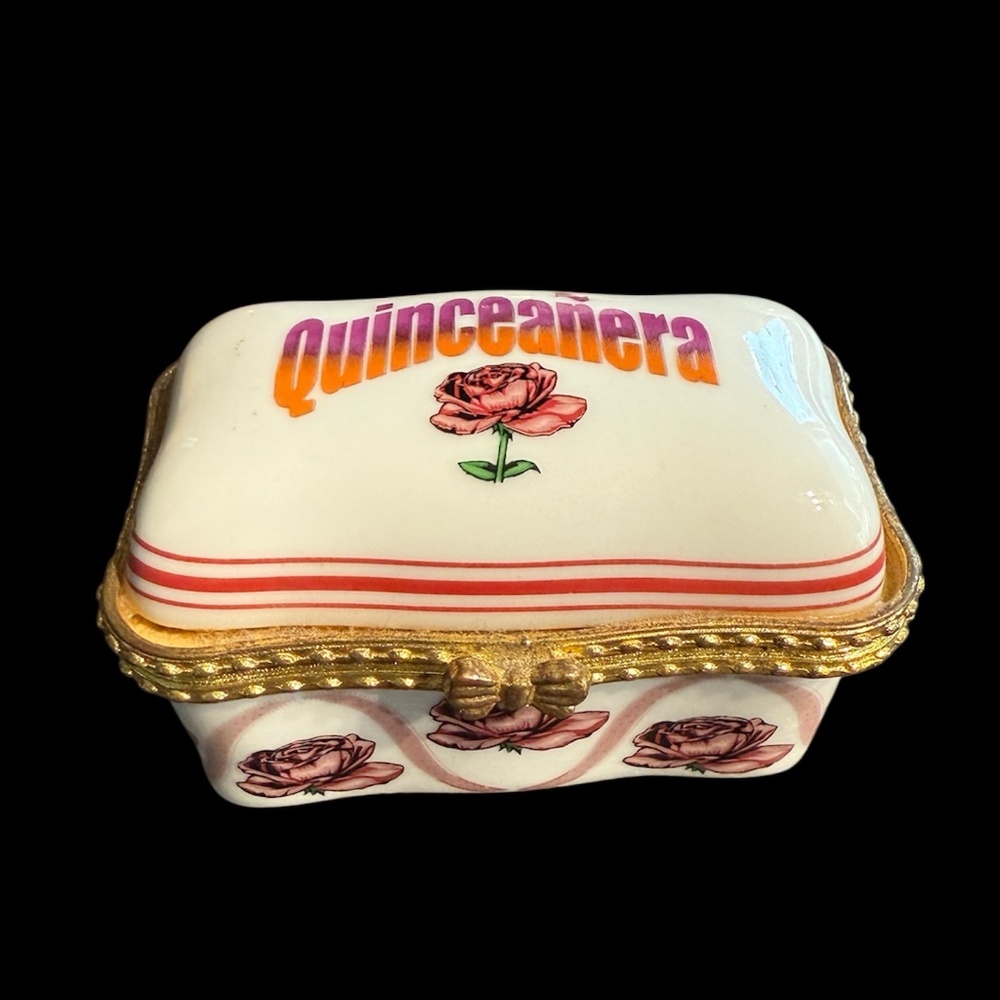 VTG Imperial Porcelain QUINCEAÑERA Mini Jewelry Keepsake Trinket Hinged Box Rose
